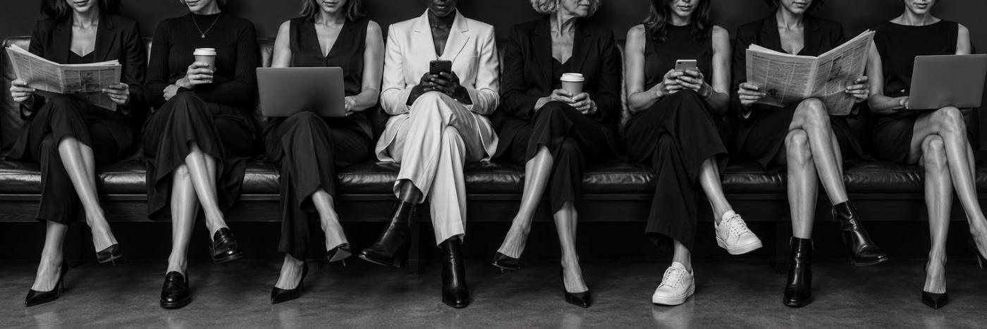 Fileira de mulheres sentadas lado a lado, lendo jornais e usando celulares e notebooks, em preto e branco